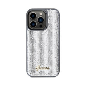 Coque iPhone 14 Pro Max Guess Sequin Script Metal argentée — visuel 3
