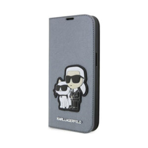 Coque iPhone 14 Pro Max Karl Lagerfeld Booktype NFT Saffiano Karl & Choupette argentée