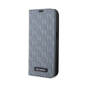 Coque iPhone 14 Pro Max Karl Lagerfeld Booktype Saffiano Monogram argentée