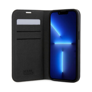 Coque iPhone 14 Pro Max Karl Lagerfeld Booktype Saffiano Monogram argentée — visuel 4