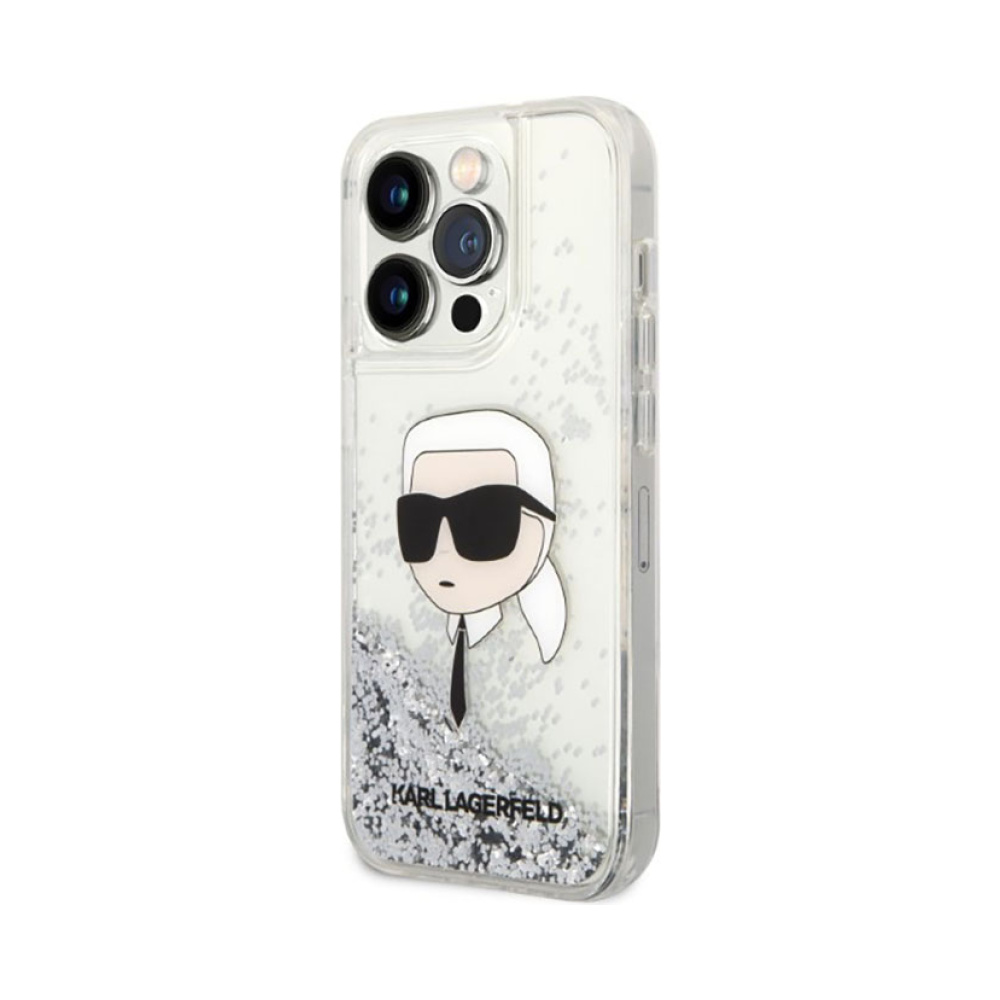Coque iPhone 14 Pro Max Karl Lagerfeld Liquid Glitter NFT Karl's Head argentée — visuel 2