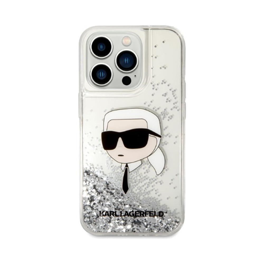 Coque iPhone 14 Pro Max Karl Lagerfeld Liquid Glitter NFT Karl's Head argentée — visuel 3