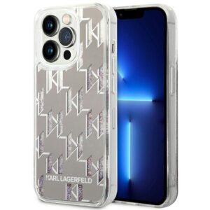 Coque iPhone 14 Pro Max Karl Lagerfeld Monogram Liquid Glitter argentée