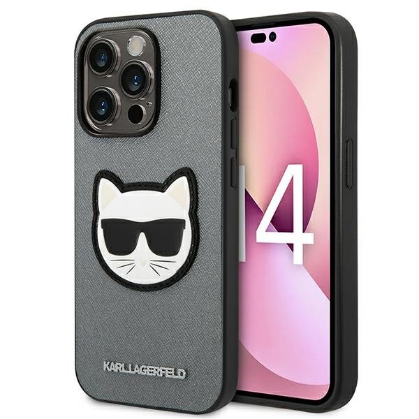 Coque iPhone 14 Pro Max Karl Lagerfeld Saffiano Choupette Head Patch Case argentée
