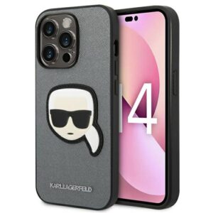 Coque iPhone 14 Pro Max Karl Lagerfeld Saffiano Karl Head Patch Case argentée