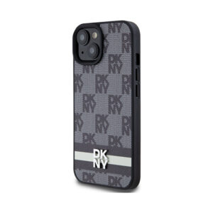Coque iPhone 15 DKNY Leather Checkered Mono Pattern & Printed Stripes noire — visuel 2