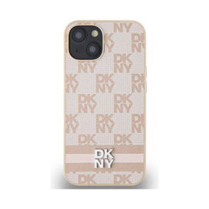 Coque iPhone 15 DKNY Leather Checkered Mono Pattern & Printed Stripes rose — visuel 3