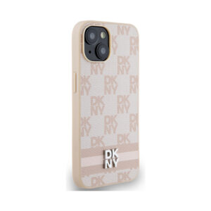 Coque iPhone 15 DKNY Leather Checkered Mono Pattern & Printed Stripes rose — visuel 4