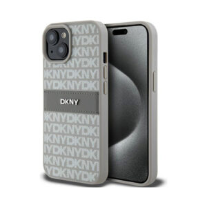 Coque iPhone 15 DKNY Leather Mono Stripe & Metal Logo beige