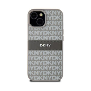 Coque iPhone 15 DKNY Leather Mono Stripe & Metal Logo beige — visuel 3