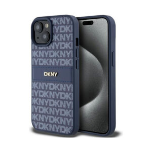 Coque iPhone 15 DKNY Leather Mono Stripe & Metal Logo bleue