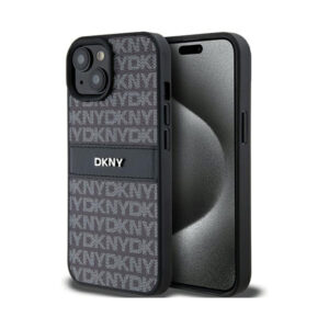 Coque iPhone 15 DKNY Leather Mono Stripe & Metal Logo noire