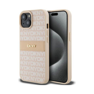 Coque iPhone 15 DKNY Leather Mono Stripe & Metal Logo rose