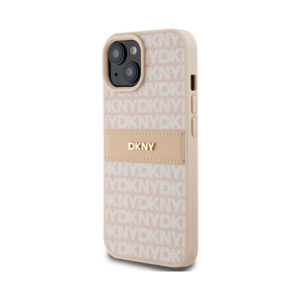 Coque iPhone 15 DKNY Leather Mono Stripe & Metal Logo rose — visuel 2