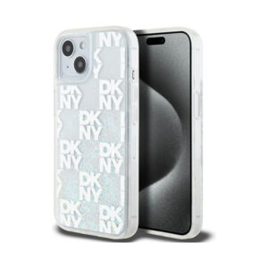 Coque iPhone 15 DKNY Liquid Glitter Multilogo blanche