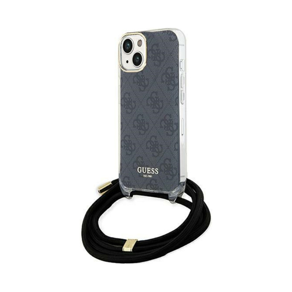 Coque iPhone 15 Guess Crossbody Cord 4G Print noire