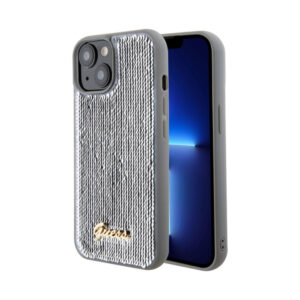 Coque iPhone 15 Guess Sequin Script Metal argentée