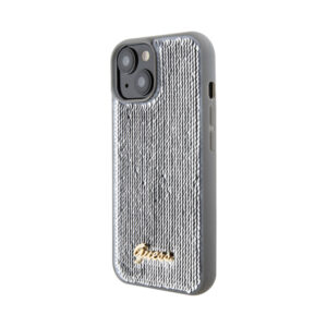 Coque iPhone 15 Guess Sequin Script Metal argentée — visuel 2