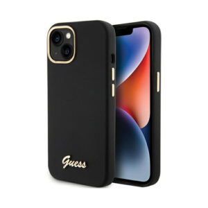 Coque iPhone 15 Guess Silicone Script Metal Logo & Frame noire