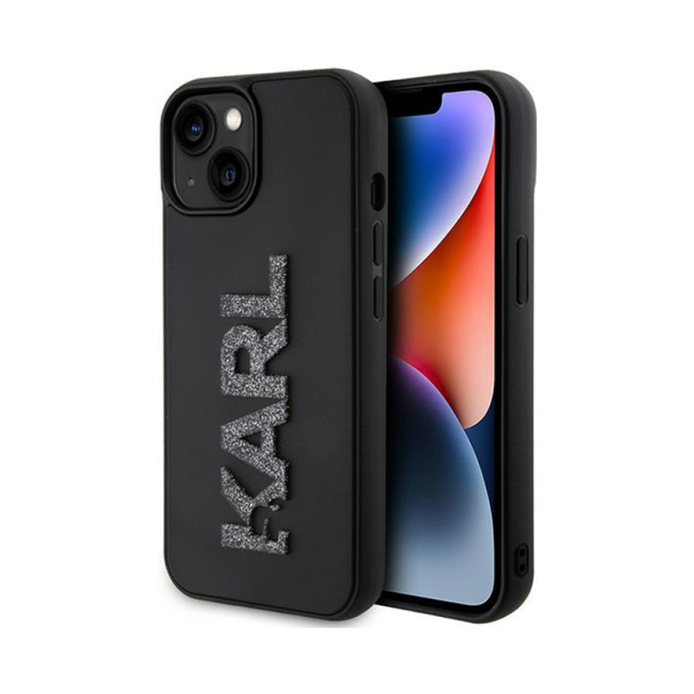 Coque iPhone 15 Karl Lagerfeld 3D Rubber Glitter Logo noire