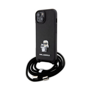 Coque iPhone 15 Karl Lagerfeld Crossbody Saffiano Metal Pin Karl & Choupette noire