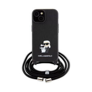 Coque iPhone 15 Karl Lagerfeld Crossbody Saffiano Metal Pin Karl & Choupette noire — visuel 2
