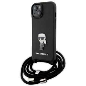 Coque iPhone 15 Karl Lagerfeld Crossbody Saffiano Monogram Ikonik Metal Pin noire