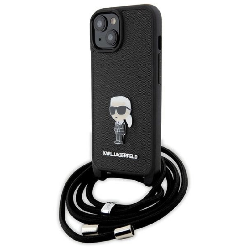 Coque iPhone 15 Karl Lagerfeld Crossbody Saffiano Monogram Ikonik Metal Pin noire