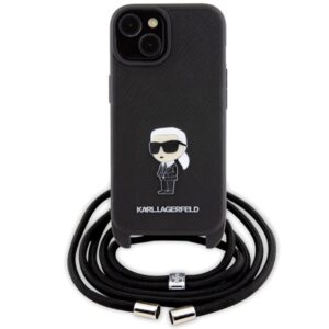 Coque iPhone 15 Karl Lagerfeld Crossbody Saffiano Monogram Ikonik Metal Pin noire — visuel 2