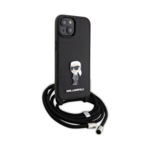 Coque iPhone 15 Karl Lagerfeld Crossbody Saffiano Monogram Ikonik Metal Pin noire — visuel 3