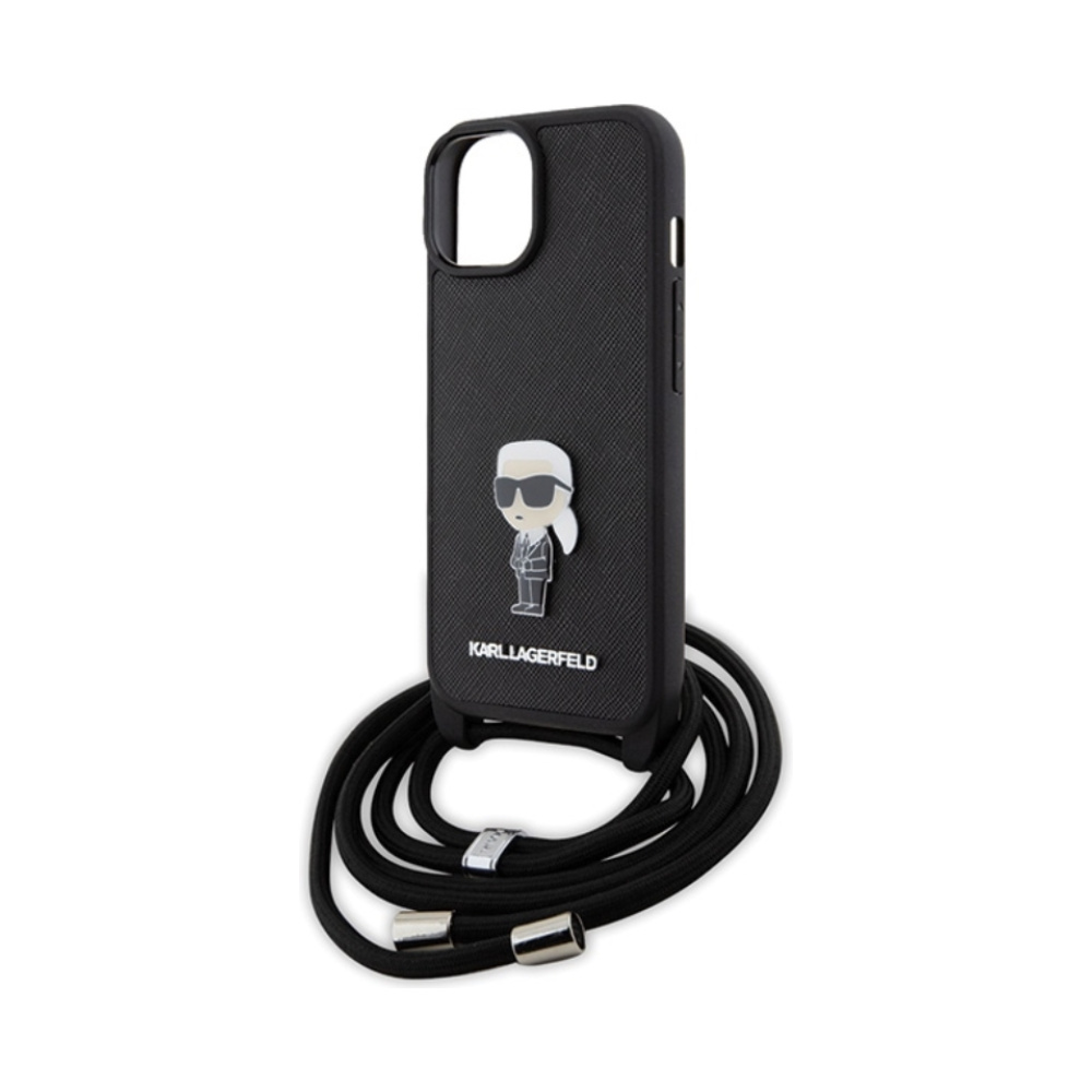 Coque iPhone 15 Karl Lagerfeld Crossbody Saffiano Monogram Ikonik Metal Pin noire — visuel 5