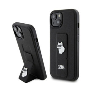 Coque iPhone 15 Karl Lagerfeld Gripstand Saffiano Choupette Pins noire