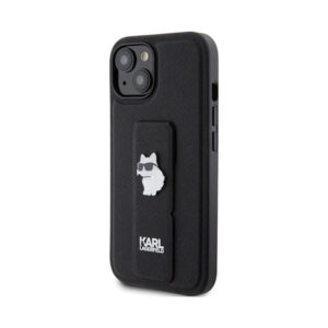 Coque iPhone 15 Karl Lagerfeld Gripstand Saffiano Choupette Pins noire — visuel 2