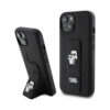 Coque iPhone 15 Karl Lagerfeld Gripstand Saffiano Karl & Choupette Pins noire