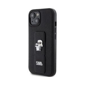 Coque iPhone 15 Karl Lagerfeld Gripstand Saffiano Karl & Choupette Pins noire — visuel 2