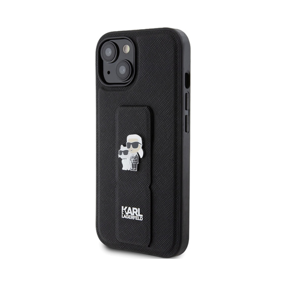 Coque iPhone 15 Karl Lagerfeld Gripstand Saffiano Karl & Choupette Pins noire — visuel 2