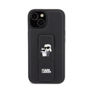 Coque iPhone 15 Karl Lagerfeld Gripstand Saffiano Karl & Choupette Pins noire — visuel 3