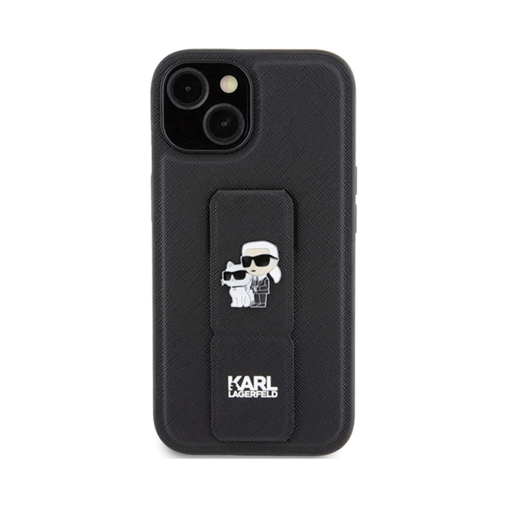 Coque iPhone 15 Karl Lagerfeld Gripstand Saffiano Karl & Choupette Pins noire — visuel 3