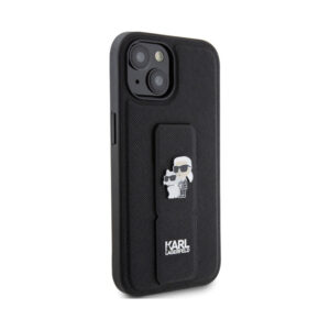 Coque iPhone 15 Karl Lagerfeld Gripstand Saffiano Karl & Choupette Pins noire — visuel 4