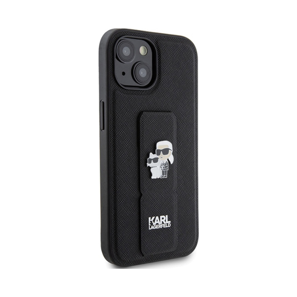 Coque iPhone 15 Karl Lagerfeld Gripstand Saffiano Karl & Choupette Pins noire — visuel 4