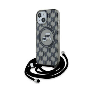 Coque iPhone 15 Karl Lagerfeld IML Crossbody Monogram Karl & Choupette Head MagSafe noire