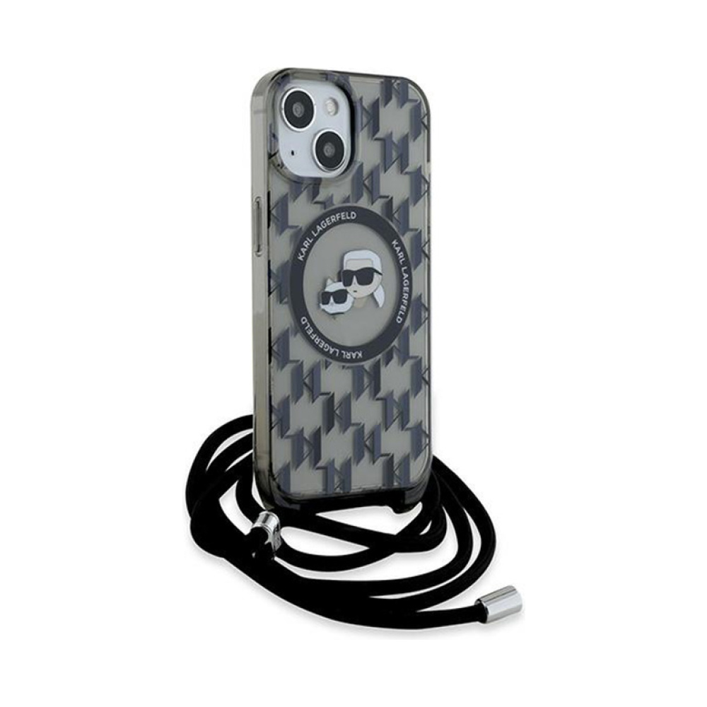 Coque iPhone 15 Karl Lagerfeld IML Crossbody Monogram Karl & Choupette Head MagSafe noire — visuel 3