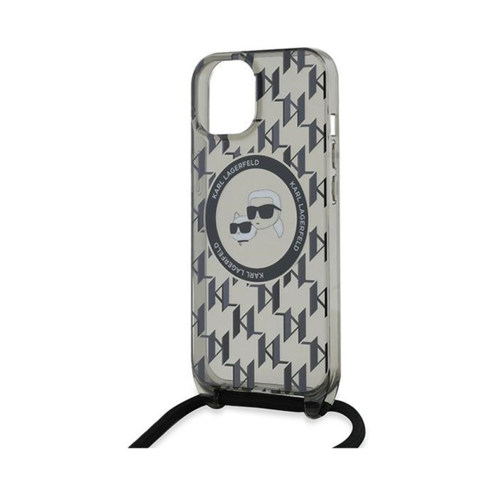 Coque iPhone 15 Karl Lagerfeld IML Crossbody Monogram Karl & Choupette Head MagSafe noire — visuel 5