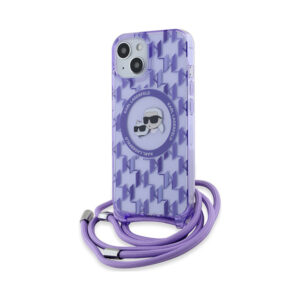 Coque iPhone 15 Karl Lagerfeld IML Crossbody Monogram Karl & Choupette Head MagSafe violette