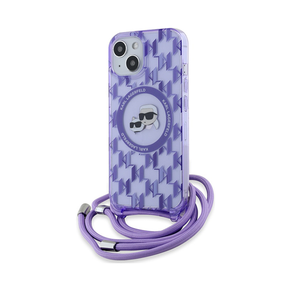 Coque iPhone 15 Karl Lagerfeld IML Crossbody Monogram Karl & Choupette Head MagSafe violette