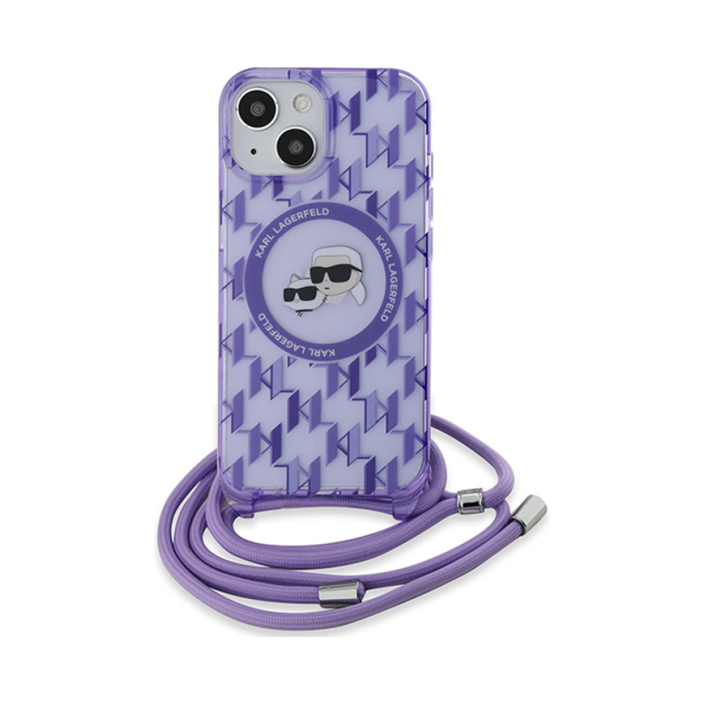 Coque iPhone 15 Karl Lagerfeld IML Crossbody Monogram Karl & Choupette Head MagSafe violette — visuel 2