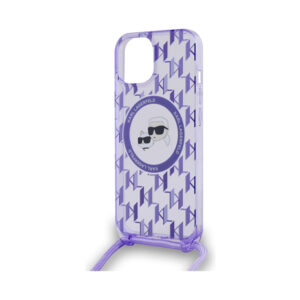 Coque iPhone 15 Karl Lagerfeld IML Crossbody Monogram Karl & Choupette Head MagSafe violette — visuel 5