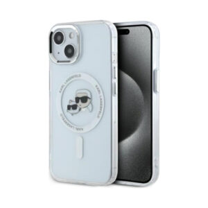 Coque iPhone 15 Karl Lagerfeld IML Metal Karl & Choupette Head MagSafe blanche