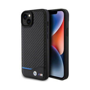 Coque iPhone 15 Plus BMW Leather Carbon Blue Line noire
