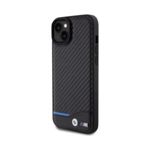 Coque iPhone 15 Plus BMW Leather Carbon Blue Line noire — visuel 2